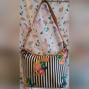 EUC Spartina 449 Floral Stripe Linen & Leather Boho Casual Everyday Purse Bag